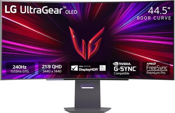 LG 45GS95QE 45-inch Ultragear OLED Curved Gaming Monitor WQHD 800R 240Hz 0.03ms DisplayHDR True Black 400 AMD FreeSync Premium Pro NVIDIA G-Sync HDMI 2.1 DisplayPort Tilt/Height/Swivel Stand Black