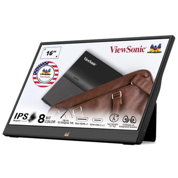 ViewSonic VA1655 16 Inch Full HD Portable Monitor 1920x1080 IPS Panel, 60Hz, USB Type-C One Cable Solution 60W Charge Back, Speaker, Eye Care, Foldable Stand, Sleeve Case 2 x USB-C 3.2, 1 x Mini HDMI