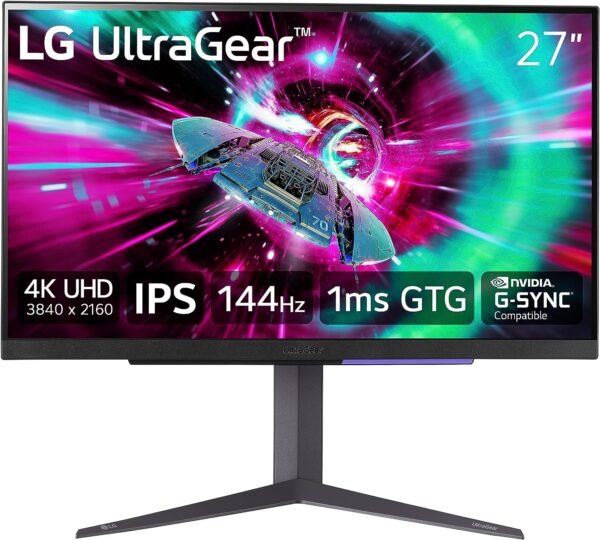 LG 27GR93U 27" UltraGear 4K UHD (3840x2160) Gaming Monitor, 144Hz, 1ms, VESA DisplayHDR 400, G-SYNC and AMD FreeSync Premium, HDMI 2.1, DisplayPort, 4-Pole HP Out DTS HP:X, Tilt/Height/Pivot Stand, Black