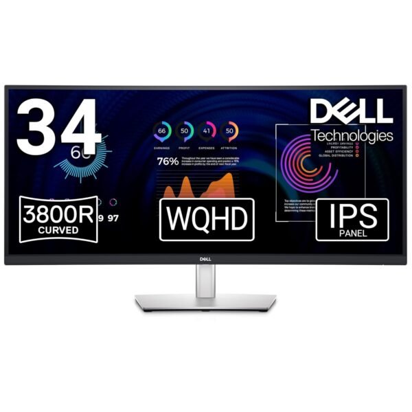 DELL P3424WE P-Series 86.36 cm 34 inch WQHD LED Backlit IPS Panel with HDMI (HDCP 2.3), DisplayPort 1.2 (HDCP 2.3), USB-C 3.2 Gen 1, USB 3.2 Gen 1 Type A, 4 x USB 3.2 Gen 1 Type B Monitor Response Time: 5 ms, 60 Hz Refresh Rate