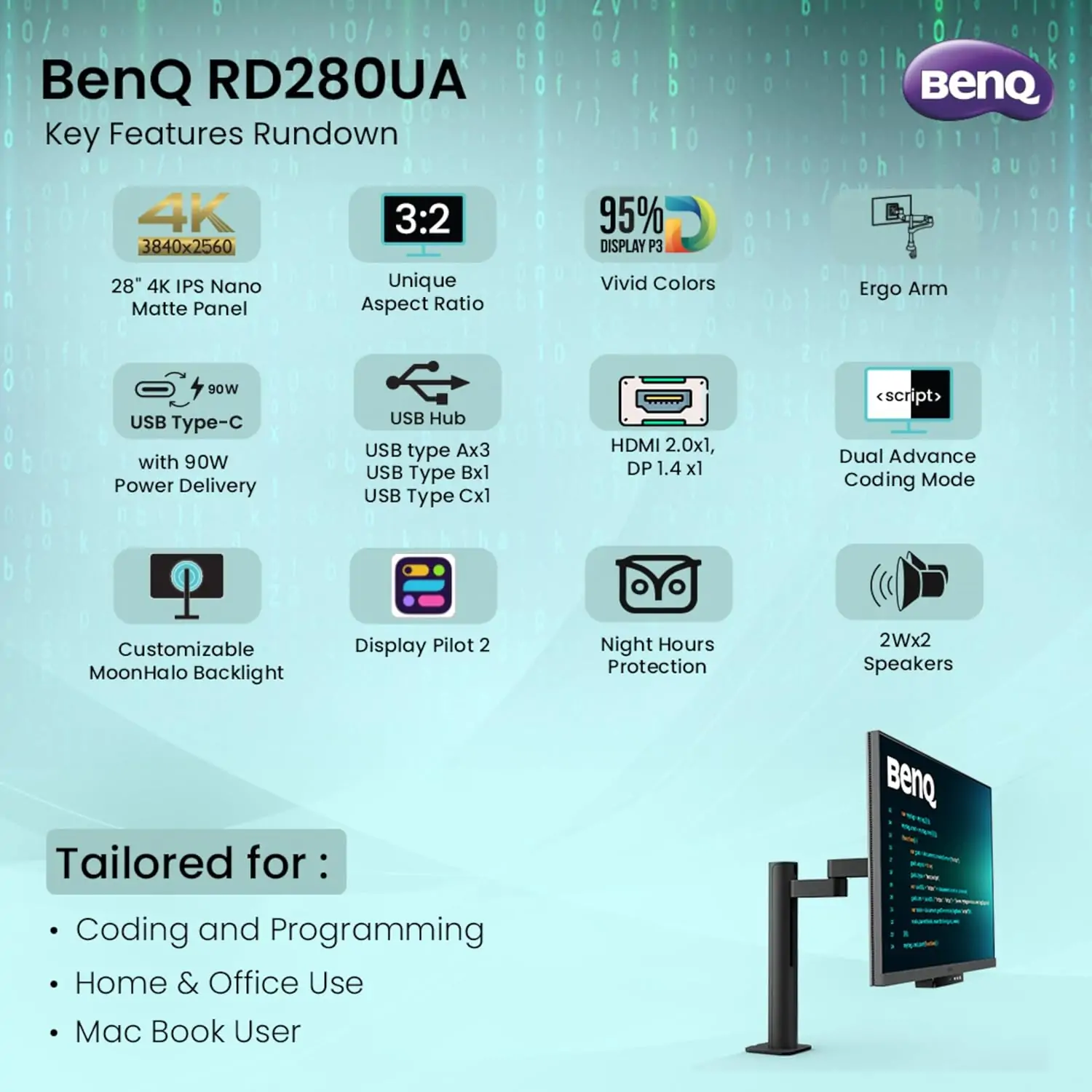BenQ RD280UA 28.2” 4K+ 3840x2560 3:2 Special Ratio Programming Monitor with Ergo-Arm and Backlight | 90W USB Type-C|Advanced Coding Mode|Nano Matte Panel|Night Hours Protection|Coding HotKey 10 BenQ RD280UA 28.2” 4K+ 3840x2560 3:2 Special Ratio Programming Monitor with Ergo-Arm and Backlight | 90W USB Type-C|Advanced Coding Mode|Nano Matte Panel|Night Hours Protection|Coding HotKey - Image 10