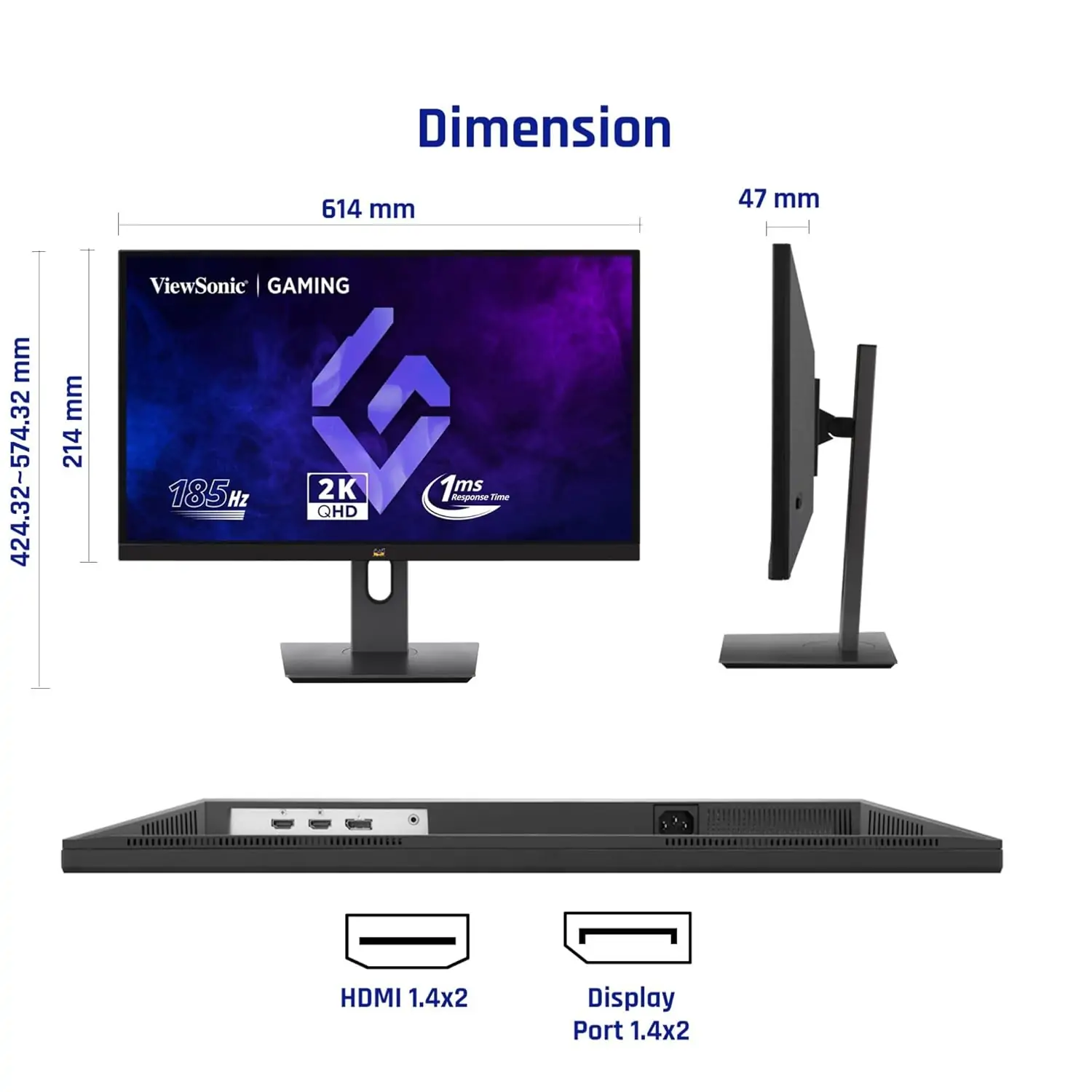 ViewSonic Gaming - VX2758A-2K-PRO-4 27inch 185 Hz IPS QHD 2K Gaming Monitor 1ms HDR10 FreeSync  137% sRGB Height Adjustment Swivel, Tilt, Pivot Eye Care 2 x HDMI DP - Image 3