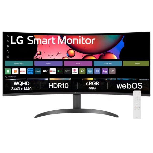 LG 34SR60QC-B 34-inch QHD (3440x1440) Curved Smart Monitor with Streaming, UltraWide Screen, webOS, HDR10, 100Hz, Built-in Speaker, AirPlay2, Screen Share, Bluetooth, ThinQ App Black